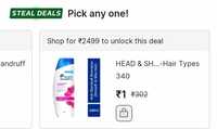 Steal Deal at ₹ 1 on Mov ₹ 1599 - 2499 from shampoos , Thumbsup 6 pack cans...