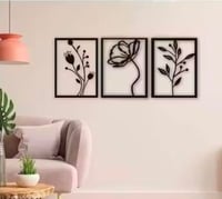 Modern Wall Art Decor, 3-Panel Black Floral Design, Wooden Frame Wall Hanging Se...