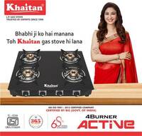 Khaitan 4 Burner Active Forged Black Toughened Glass Manual Gas Stove  (4 Burn...