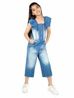 Ninos Girls Blue Denim Solid Jumpsuit