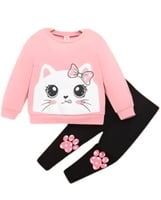 Bazaar : Kid Girls Cat Printed Pink Black Top & Bottom Clothing Set