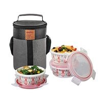 CELLO Red Trellis Opalware Lunch Box with Jacket, 3 Containers Lunch Box, 300ml...