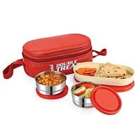 CELLO Double Treat Stainless Steel Lunch Box with Bag, Red | 2 x 300 ml Steel Co...