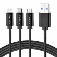 Ambrane Unbreakable 3 in 1 USB Fast Charging USB Cable with Type C, Lightning, M...