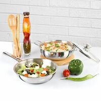CELLO Steelox Induction Compatible Stainless Steel Fry Pan & Kadai with Glass Li...