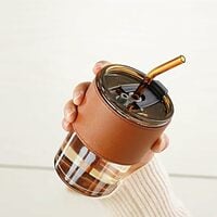 SKDBPM Reusable Glass Coffee Sipper Mugs with Lid & Straw Pack of 1, 400ml Multi...