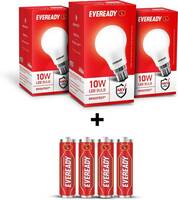 Eveready 10W LED Bulb Pack of 3 with Free 4 Batteries  (White, Pack of 3)...