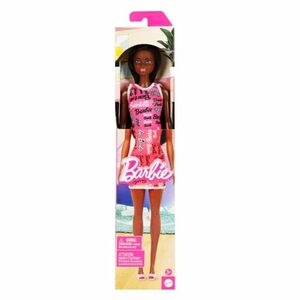 Barbie Fashion Doll with Straight Black Hair Wearing Removable Pink Tank Dress w...